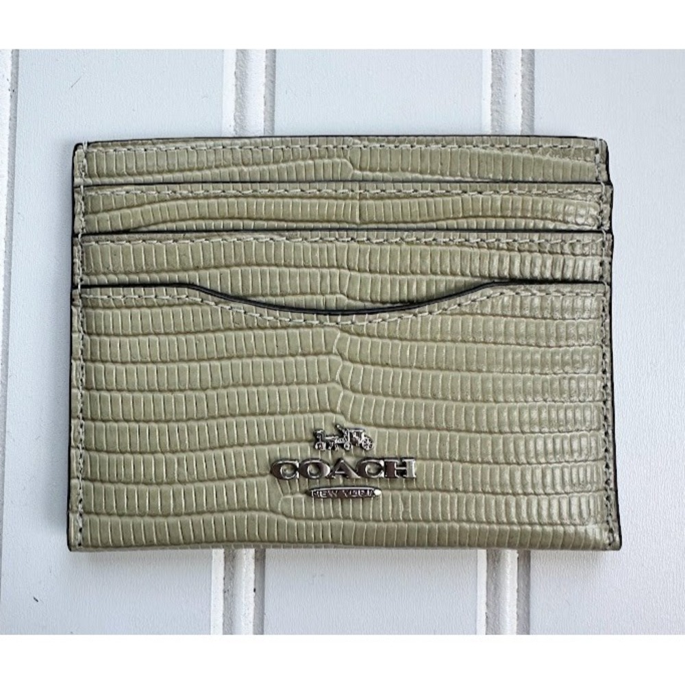 Coach Slim Id Card Case Pale Green Lizard Leather Clear ID Pocket NEW